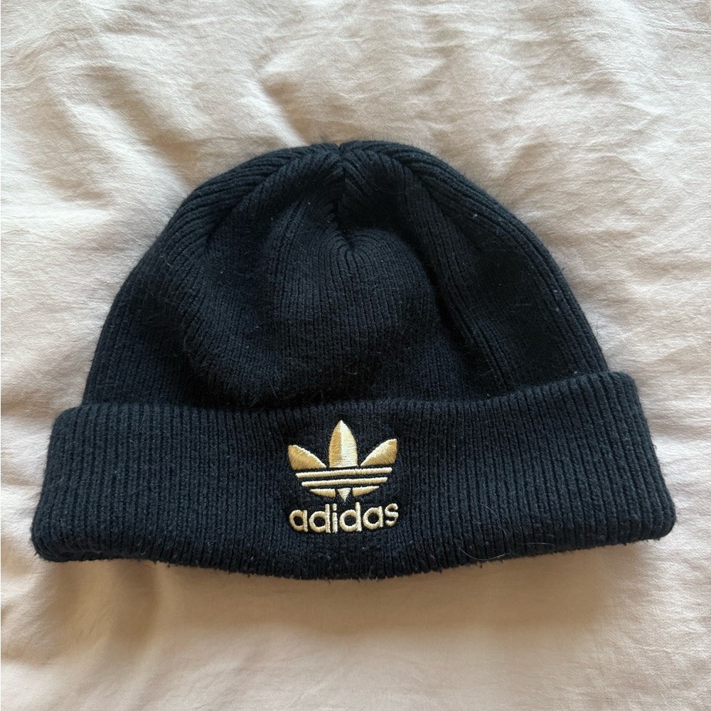 Adidas Black Knit Beanie with Gold Emblem